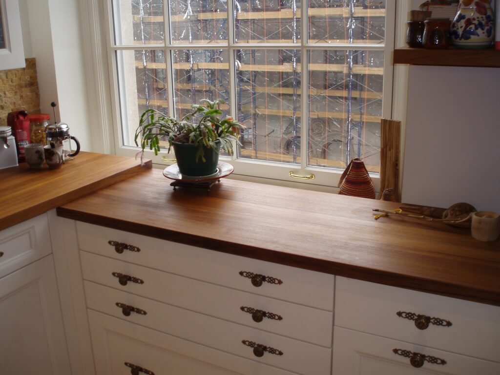 Teak Edge Grain Wood Countertop In A White Kitchen Brooks Custom